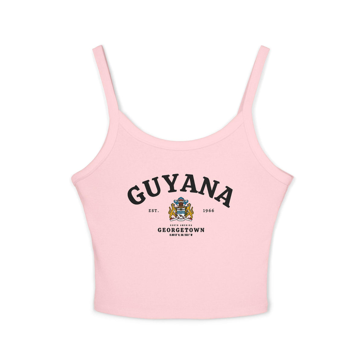 Navy tank top with arched Guyana text, coat of arms, Georgetown, Est. 1966, and South America details
