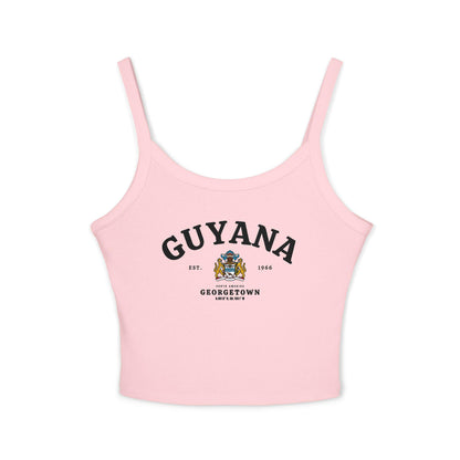 Navy tank top with arched Guyana text, coat of arms, Georgetown, Est. 1966, and South America details