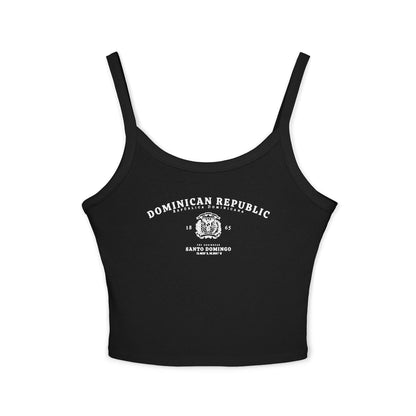Navy tank top with Dominican Republic, Santo Domingo, coat of arms, and coordinates design