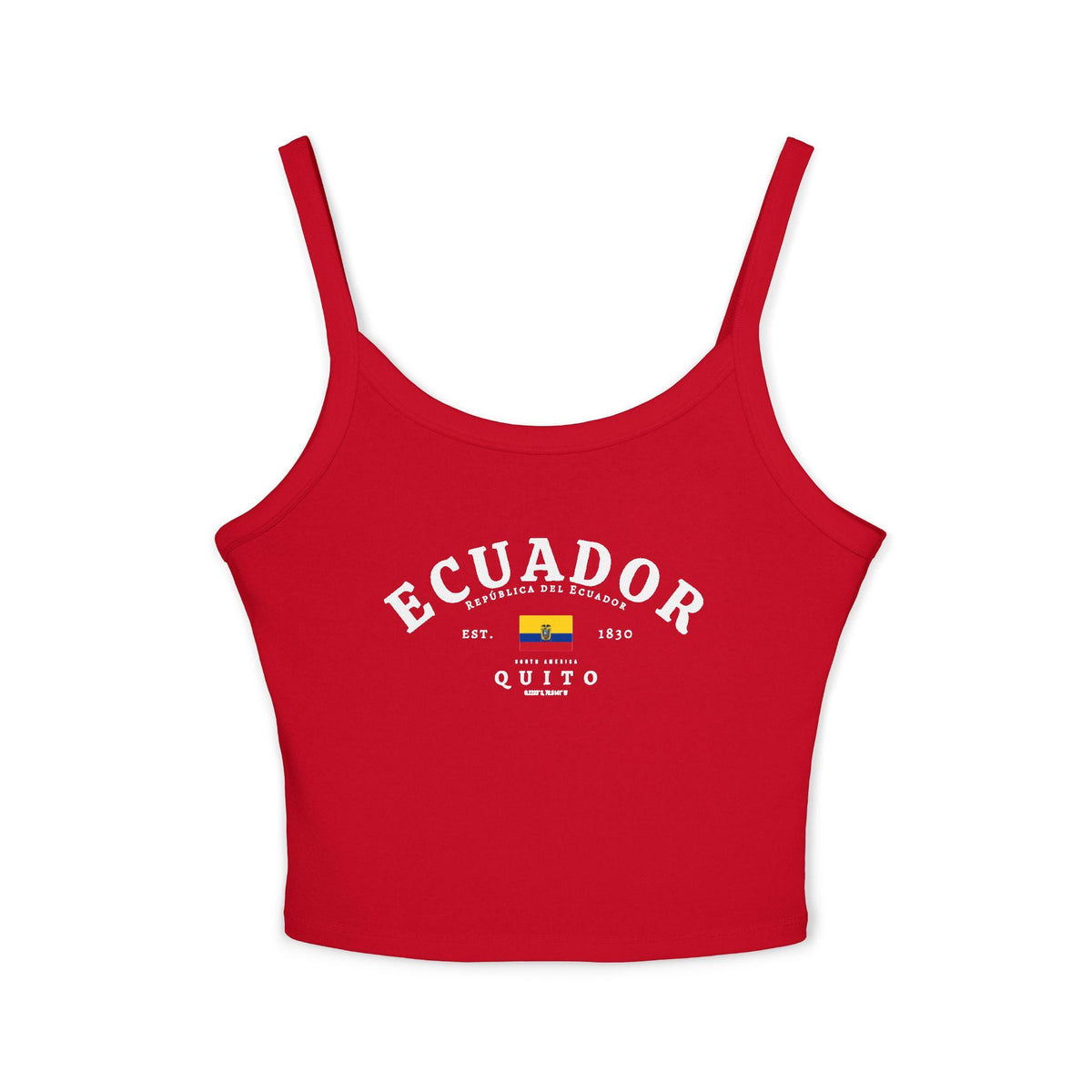 Red tank top with Ecuador typography, flag, Quito, and República del Ecuador design