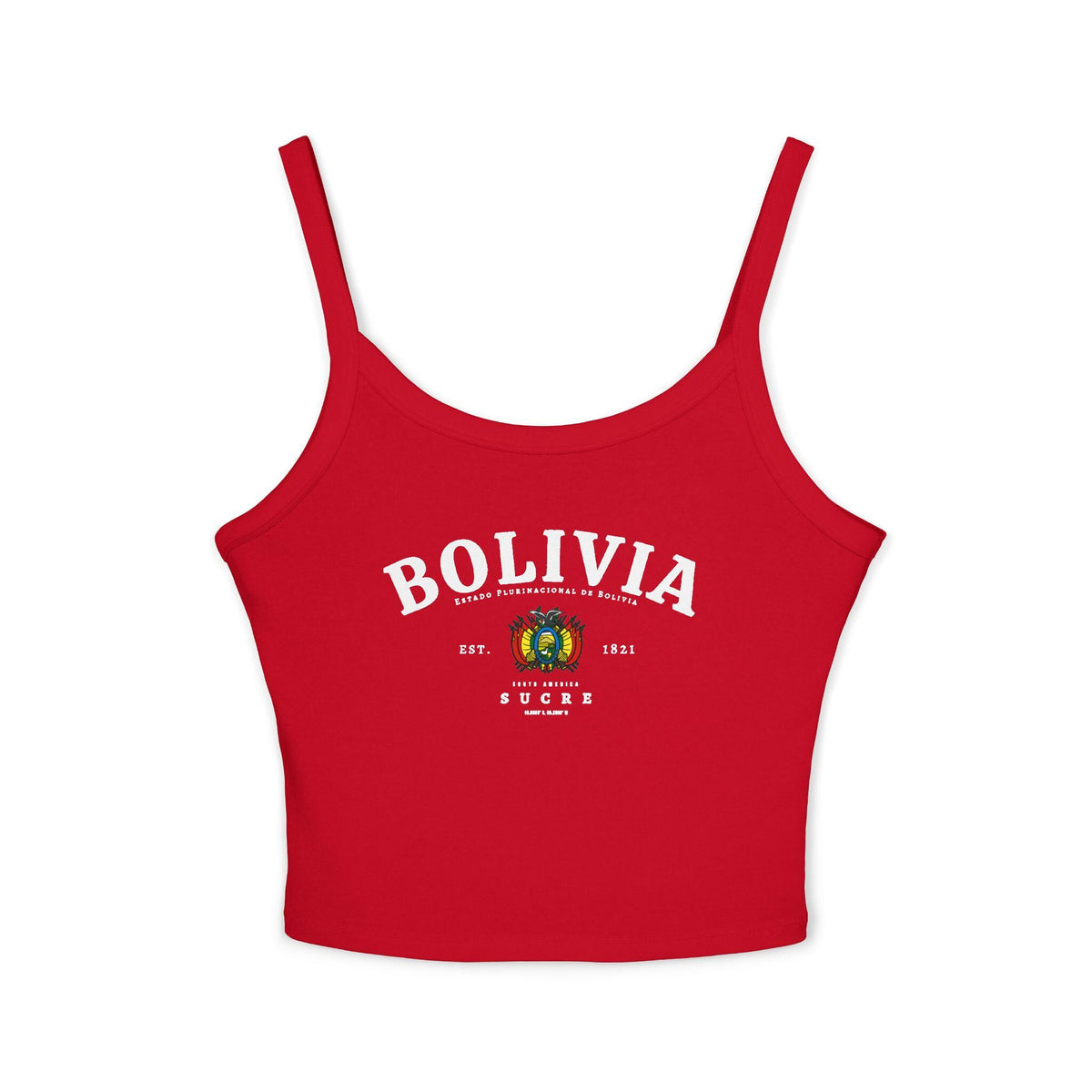 White tank top with bold Bolivia lettering, coat of arms, Est. 1821, and Sucre text design