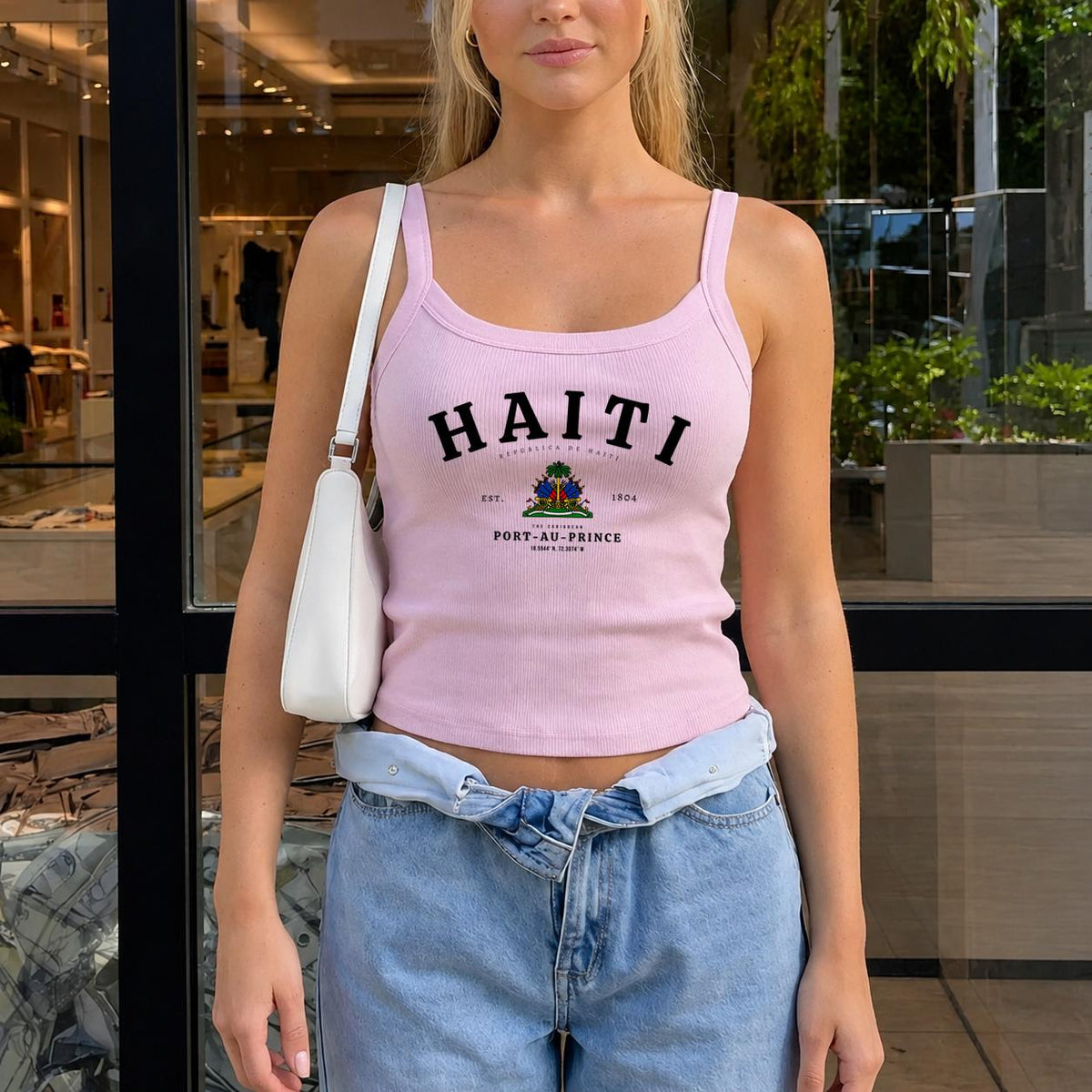 Navy tank top with vintage Haiti lettering, coat of arms, Est. 1804, and Port-au-Prince text