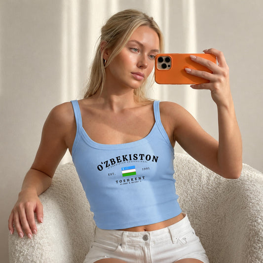 Light blue tank top with O'zbekiston text, Uzbekistan flag, Est. 1991 and Toshkent design