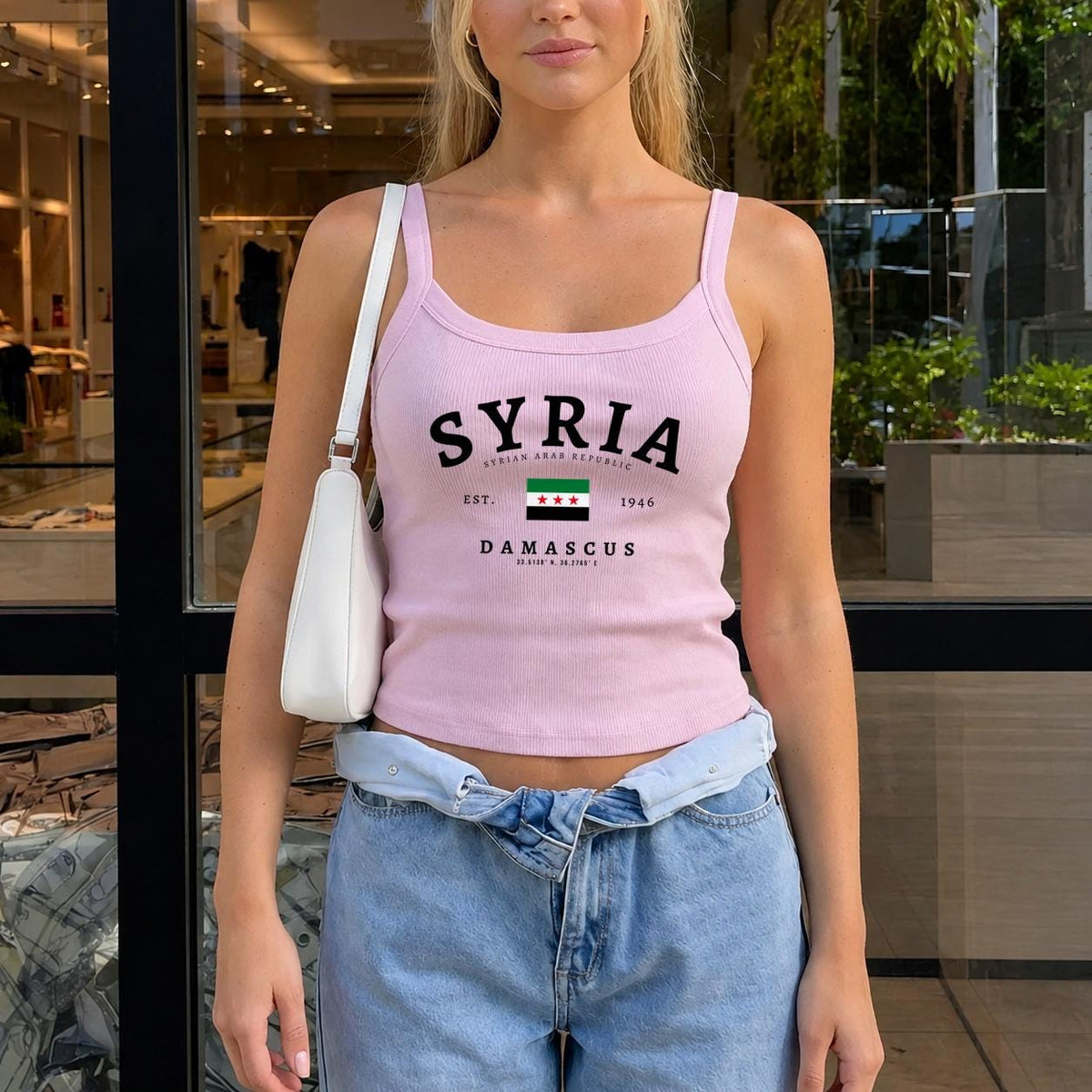 Black tank top with Syria lettering, Syrian Arab Republic text, flag, Est. 1946, and Damascus coordinates