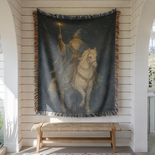 Wizard on White Horse Woven Blanket