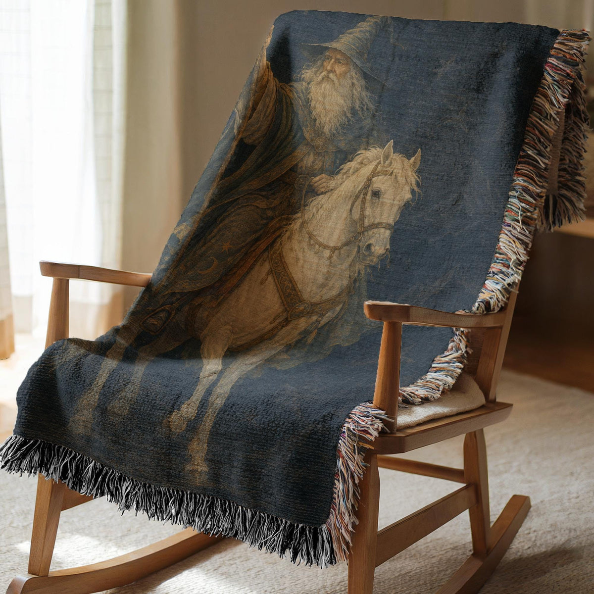 Wizard on White Horse Woven Blanket