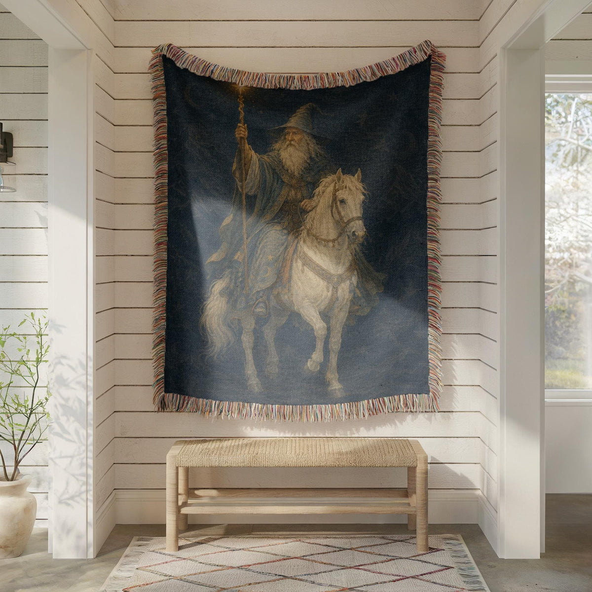 Wizard on White Horse Woven Blanket