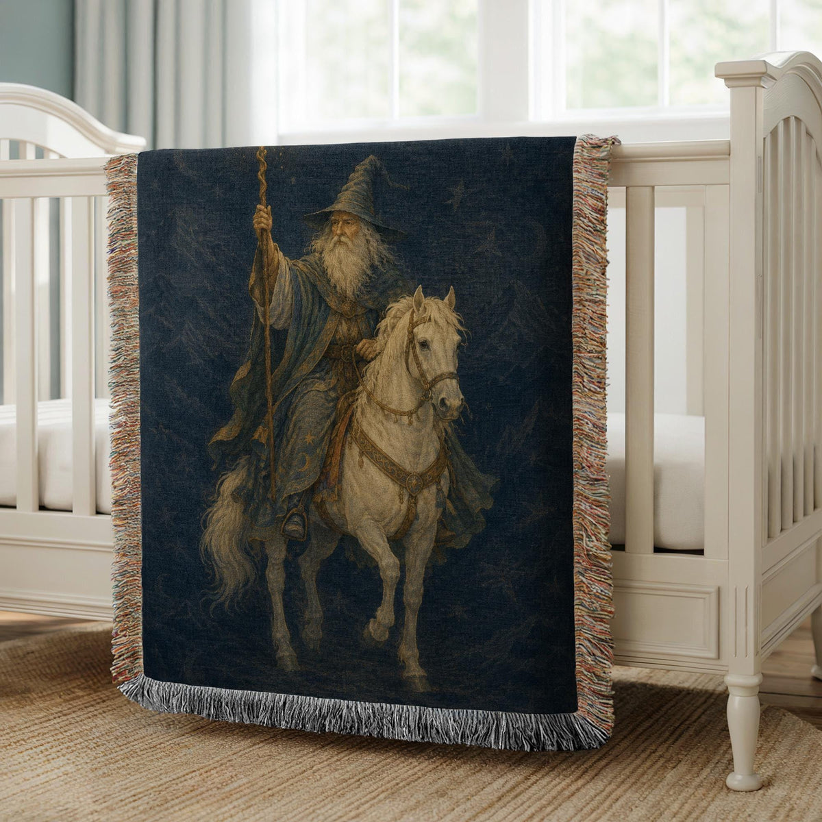 Wizard on White Horse Woven Blanket
