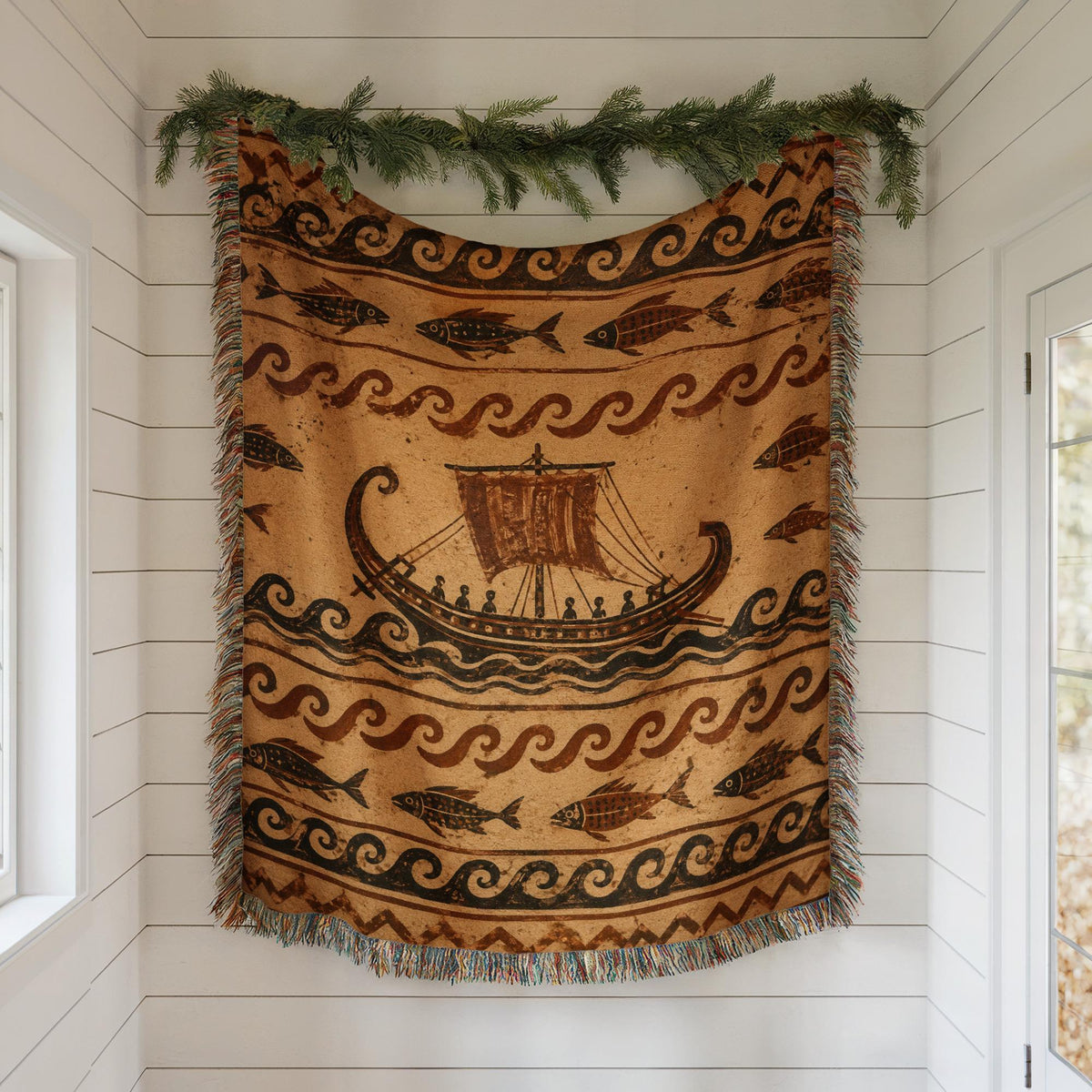 Ancient Ship Woven Blanket