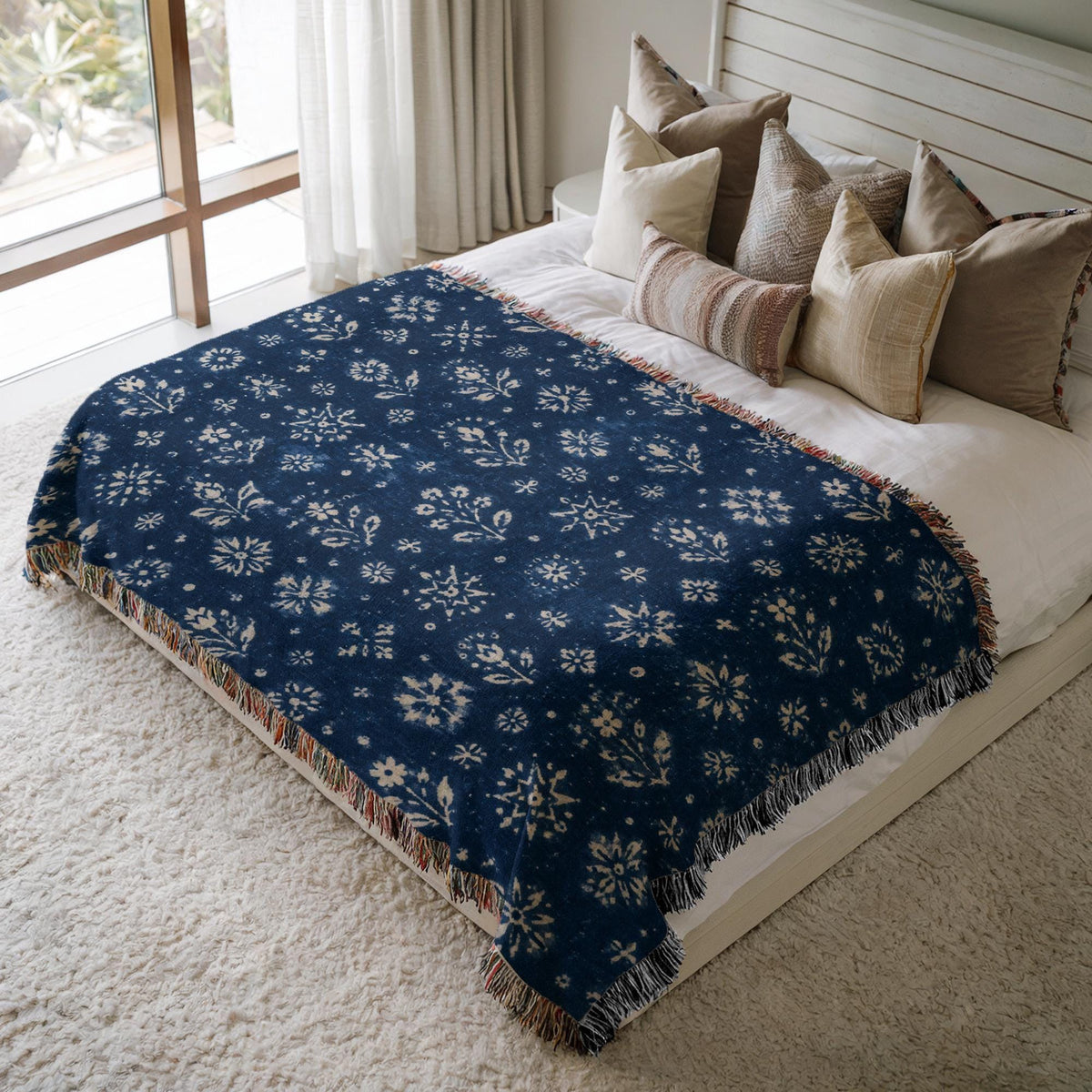 Indigo Floral Woven Blanket