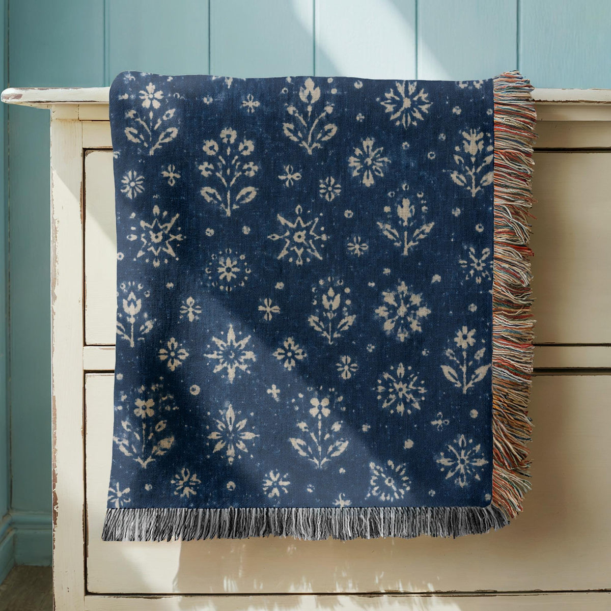 Indigo Floral Woven Blanket