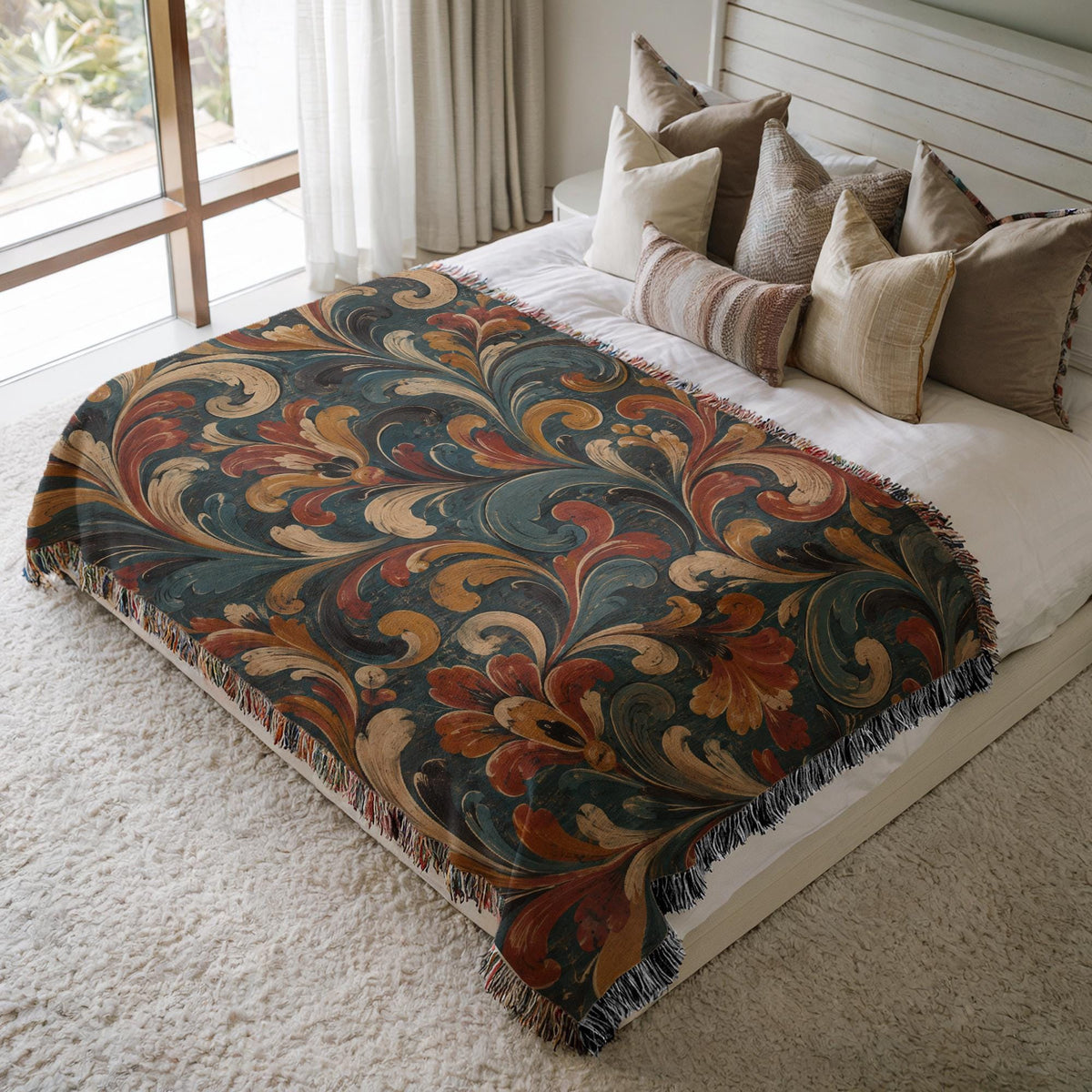 Norwegian Rosemaling Woven Blanket