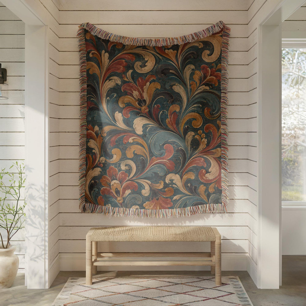 Norwegian Rosemaling Woven Blanket