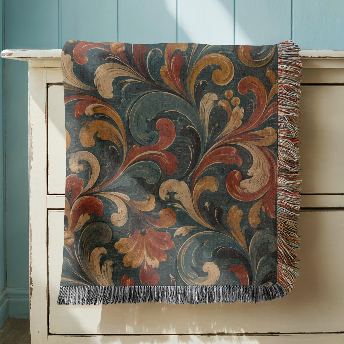 Norwegian Rosemaling Woven Blanket