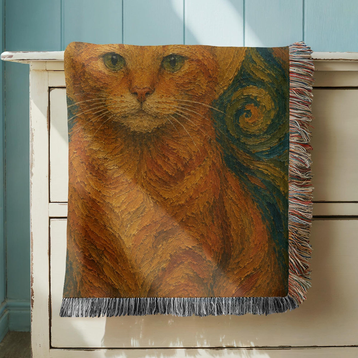 Van Gogh Cat Woven Blanket