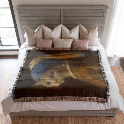 Girl with a Pearl Earring Cat Woven Blanket