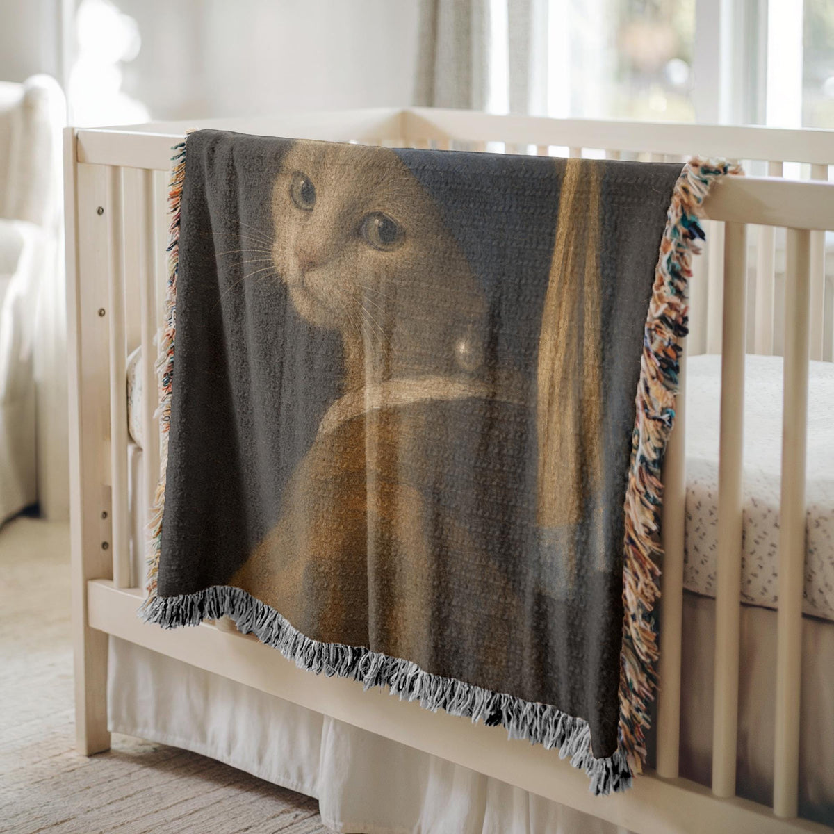 Girl with a Pearl Earring Cat Woven Blanket