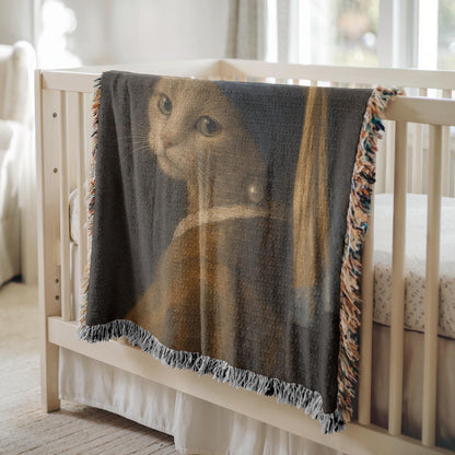 Girl with a Pearl Earring Cat Woven Blanket