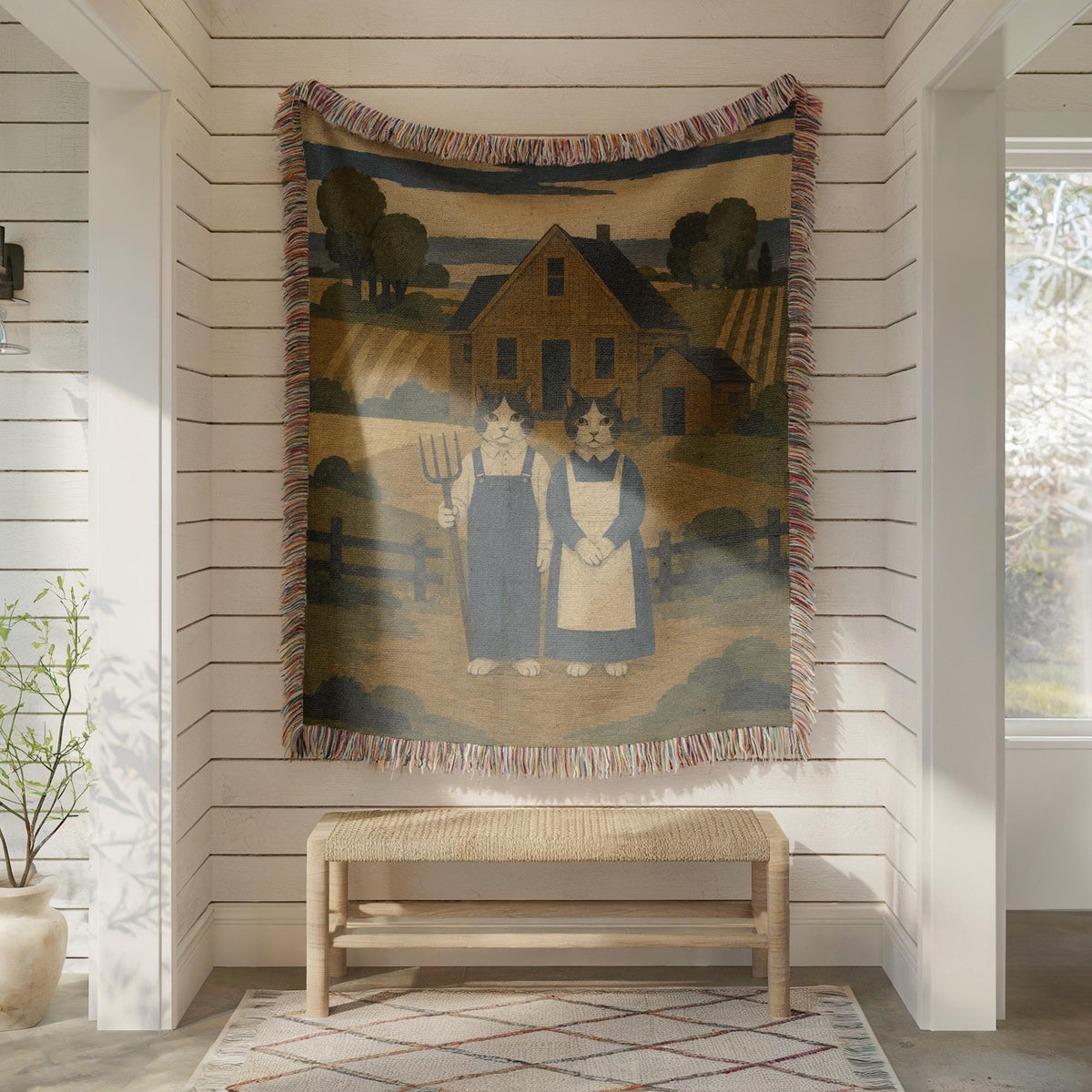 American Gothic Cat Woven Blanket