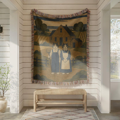 American Gothic Cat Woven Blanket