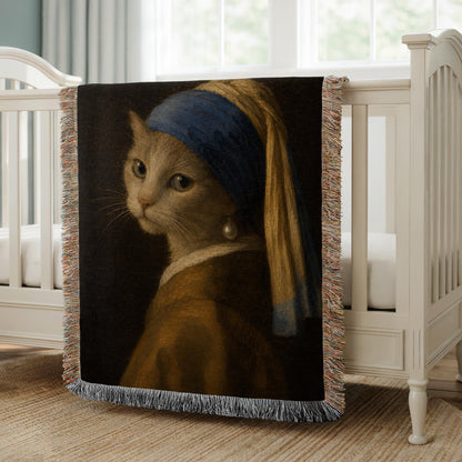 Girl with a Pearl Earring Cat Woven Blanket