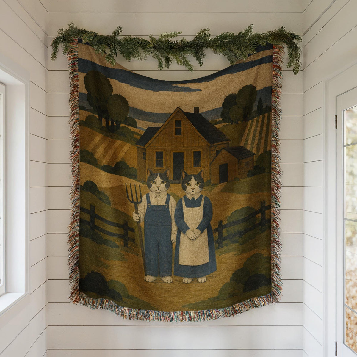 American Gothic Cat Woven Blanket