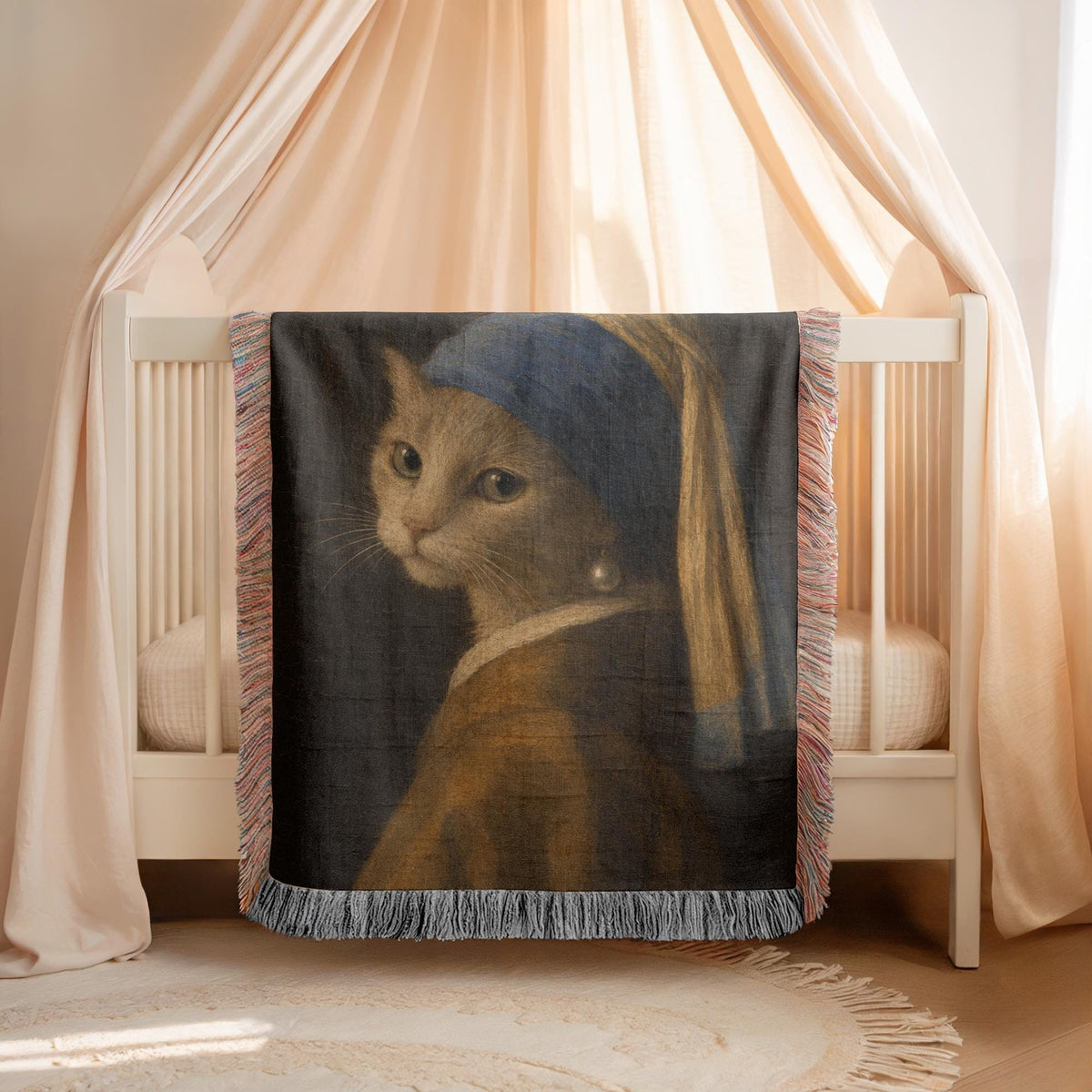 Girl with a Pearl Earring Cat Woven Blanket
