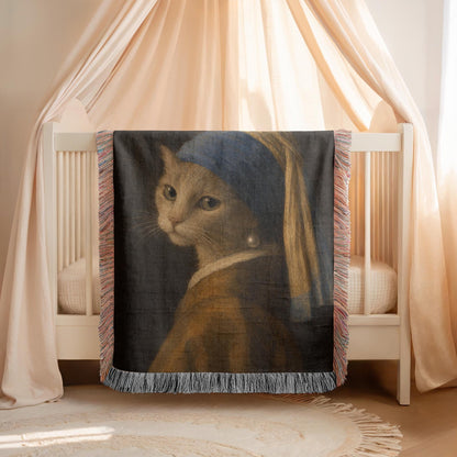 Girl with a Pearl Earring Cat Woven Blanket