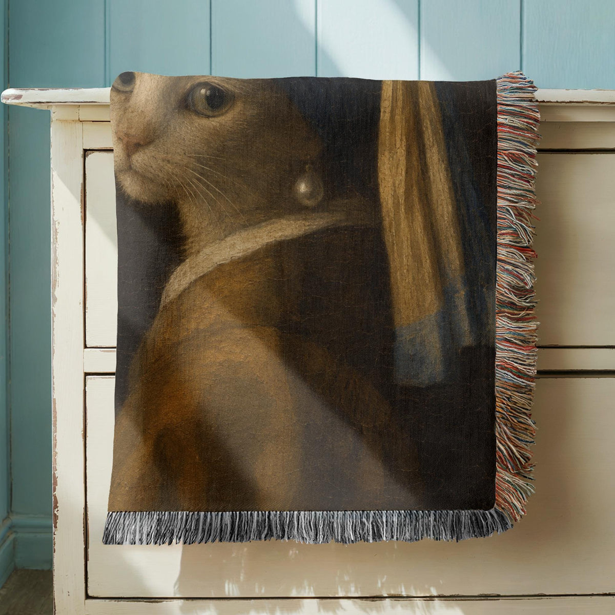 Girl with a Pearl Earring Cat Woven Blanket