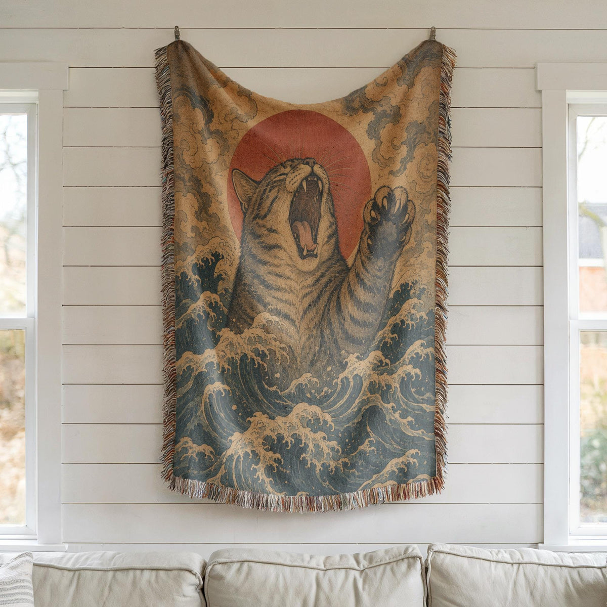 Japanese Wave Cat Tapestry