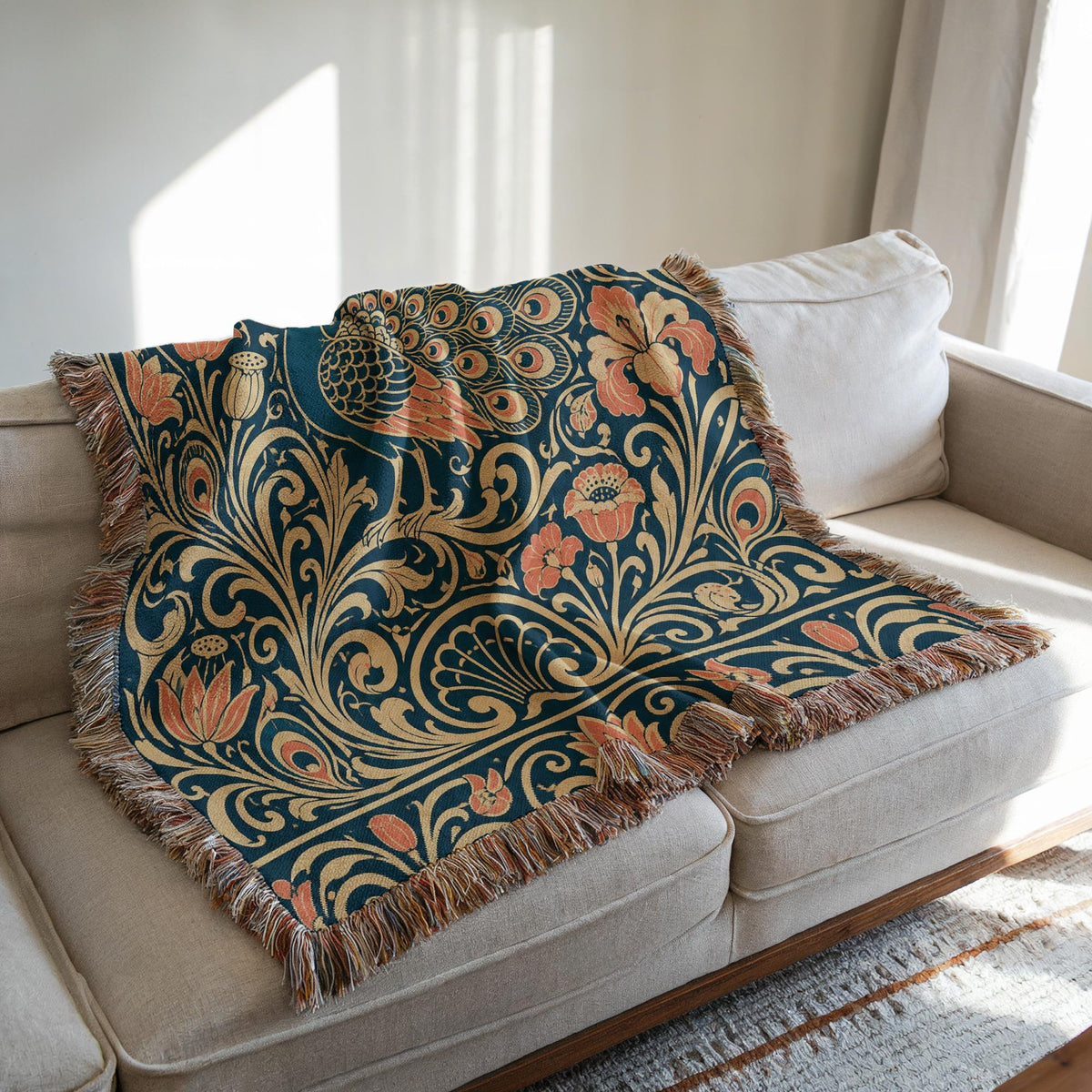 Art Nouveau Peacock Woven Blanket