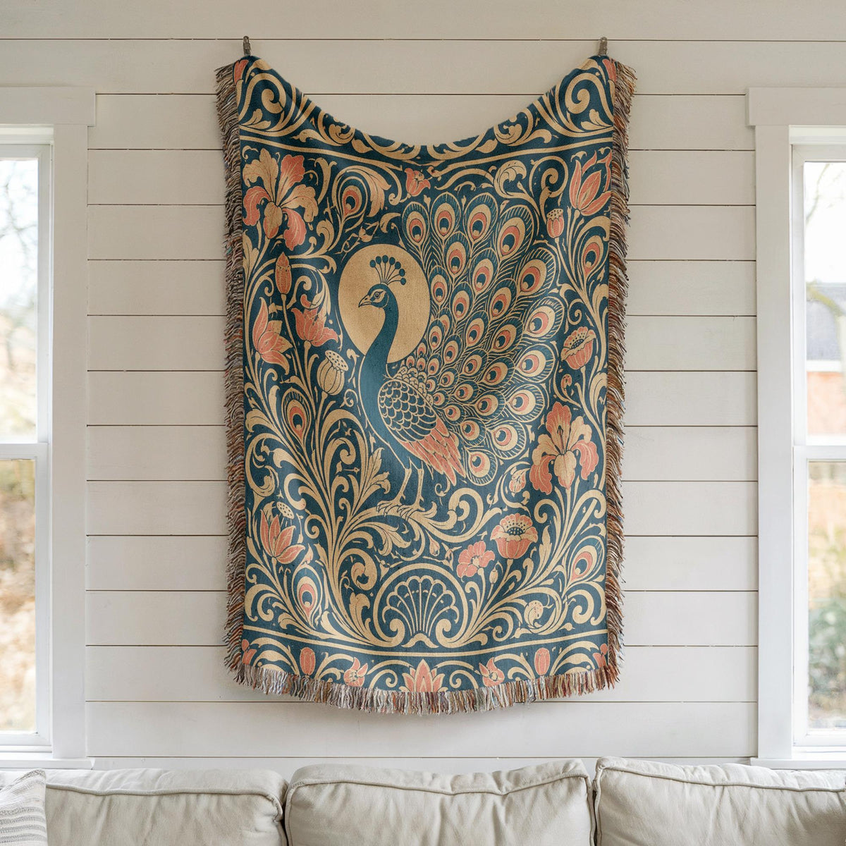 Art Nouveau Peacock Woven Blanket