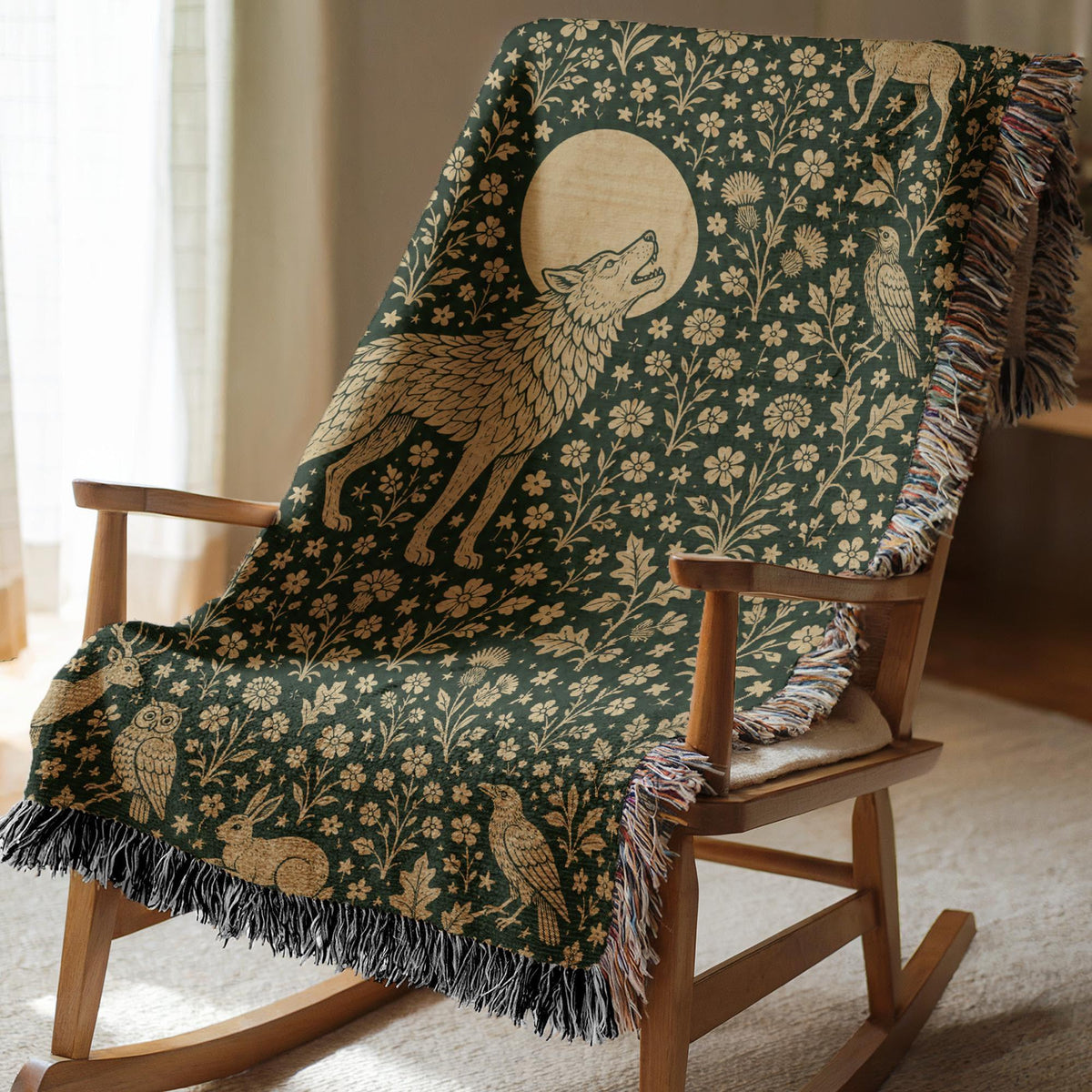 Wolf and Moon Woven Blanket