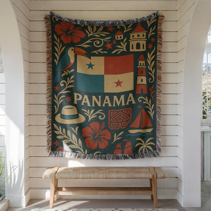 Panama woven blanket design with flag, toucan, hibiscus flowers, tropical leaves, towers, hat, and sailboat