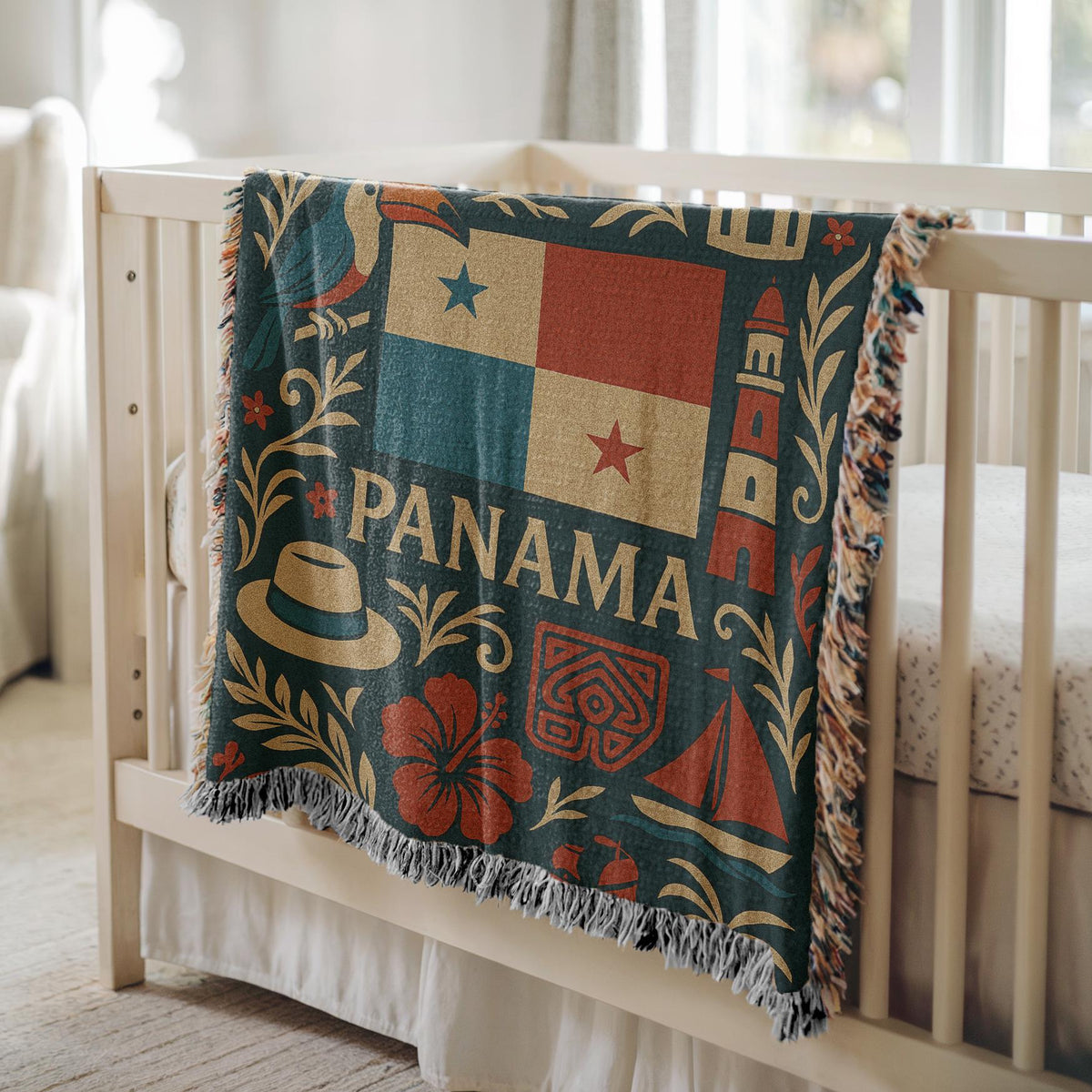 Panama woven blanket design with flag, toucan, hibiscus flowers, tropical leaves, towers, hat, and sailboat