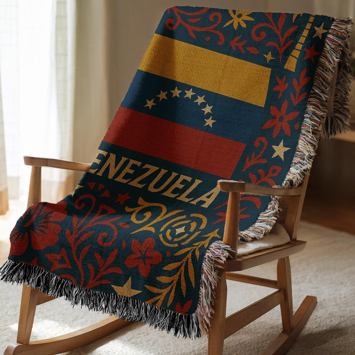 Woven blanket with Venezuela flag, Venezuela text, stars, palm tree and red floral folk art