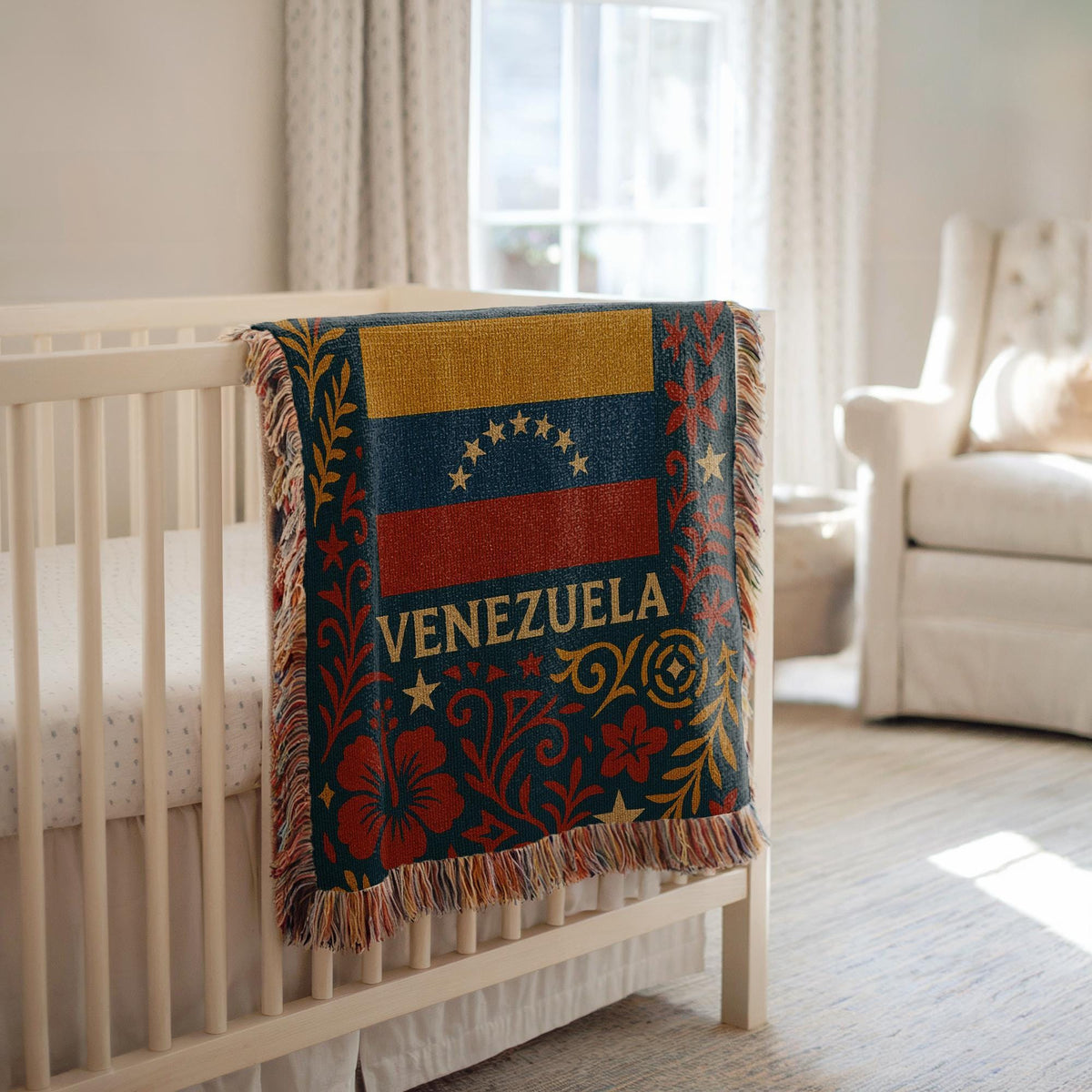 Woven blanket with Venezuela flag, Venezuela text, stars, palm tree and red floral folk art
