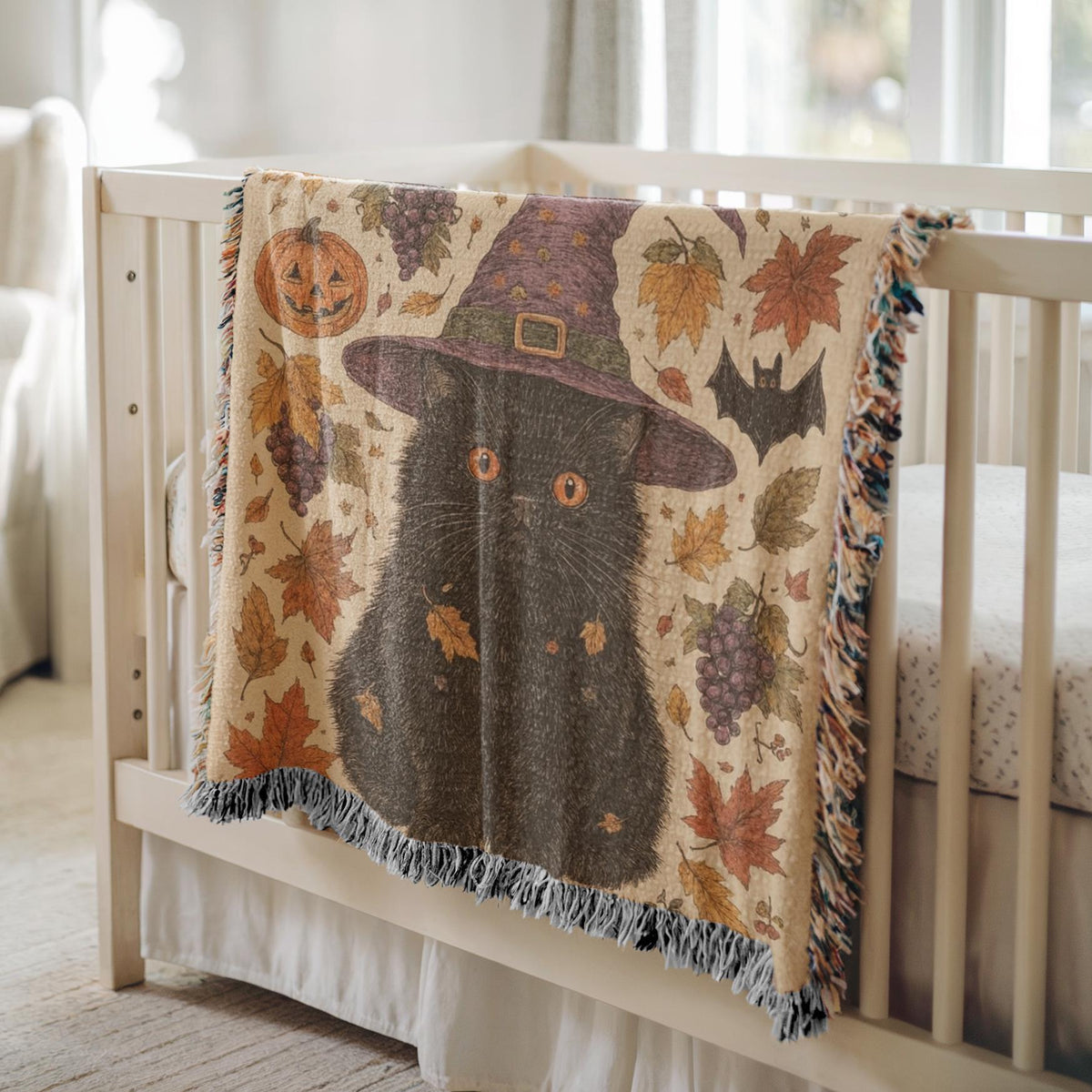 Halloween Cat with Witch Hat Woven Blanket