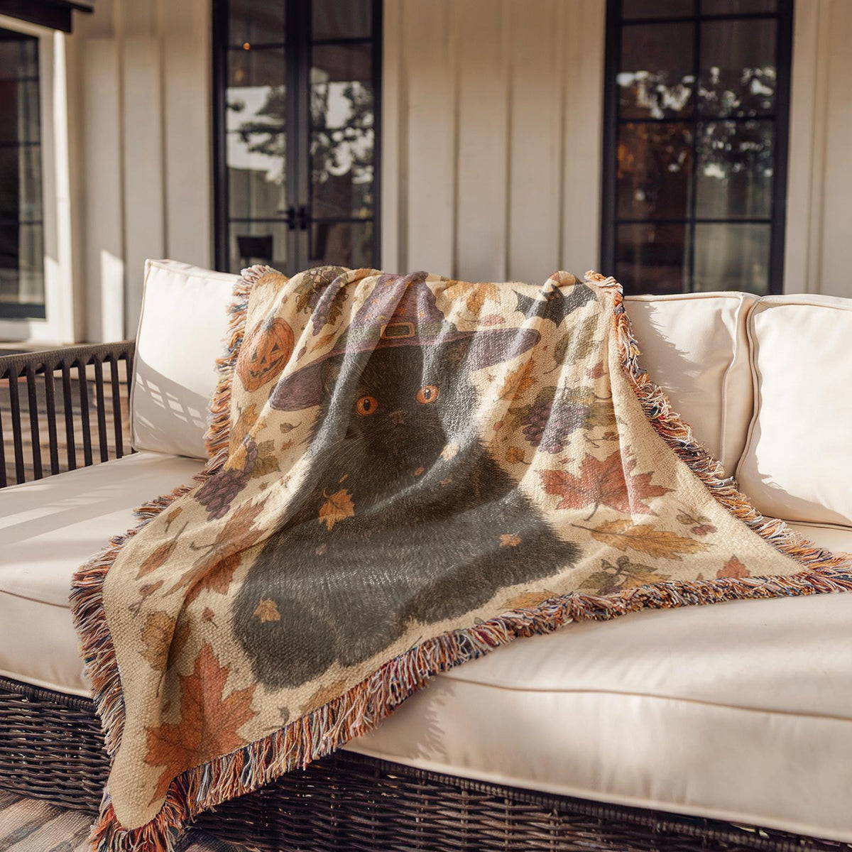 Halloween Cat with Witch Hat Woven Blanket