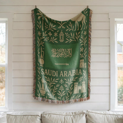 Green Saudi Arabia woven blanket with Arabic script, camel, palm trees, sword, lanterns, and fringe edges