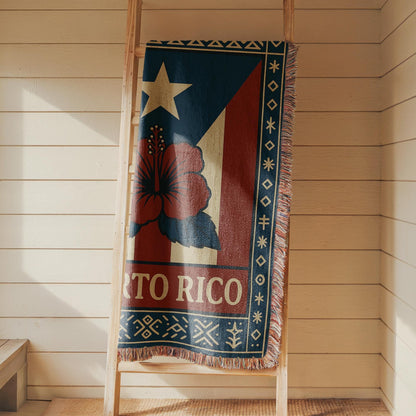 Puerto Rico woven blanket with flag-inspired design, hibiscus flower, decorative border, and fringe edges