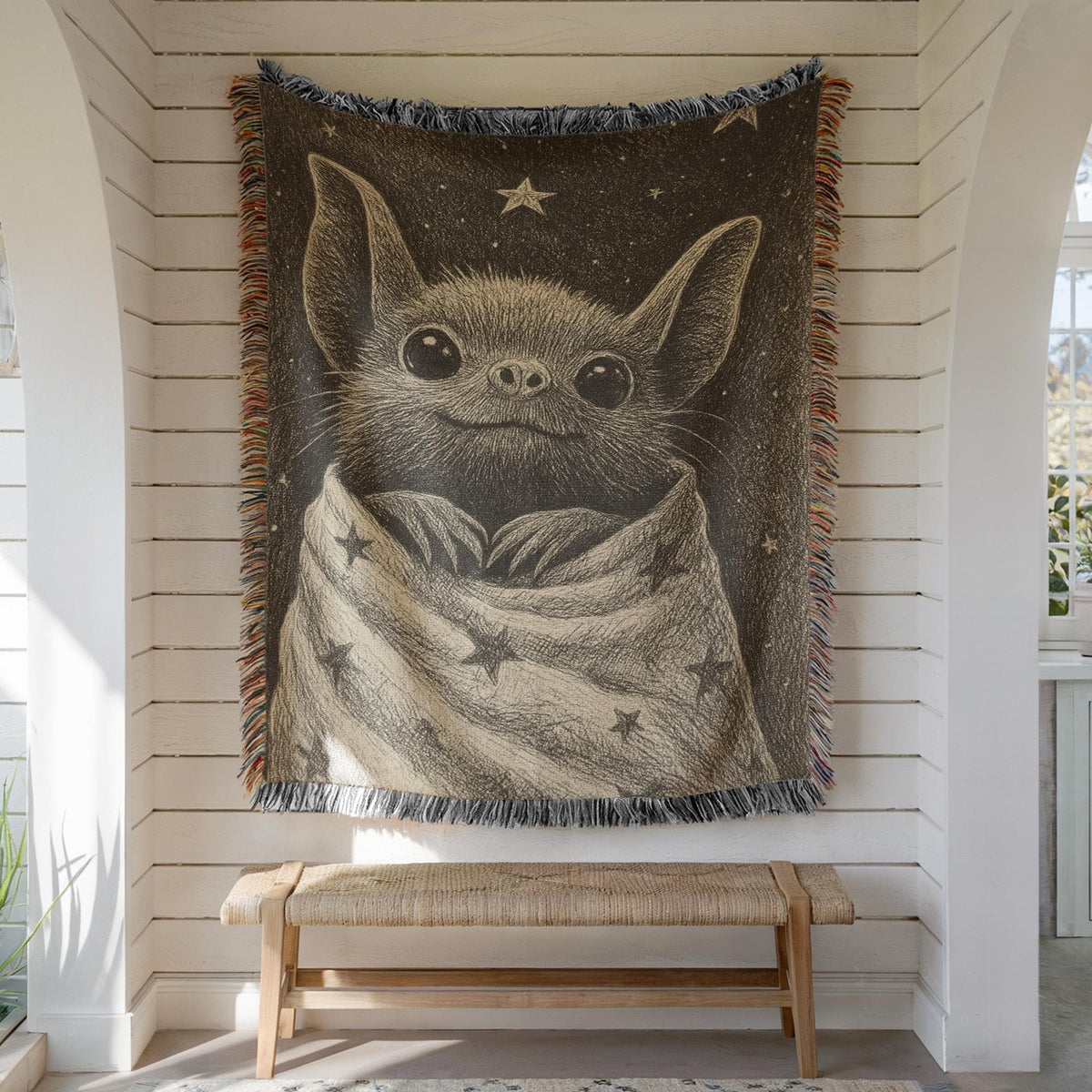 Cute Starry Night Bat Woven Blanket