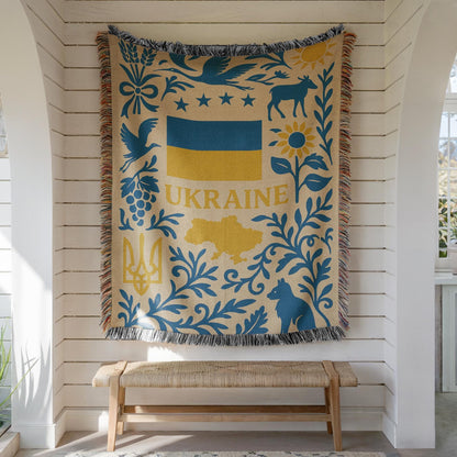 Ukraine woven blanket with flag, Tryzub, map, sunflowers, birds, and folk floral blue and yellow design