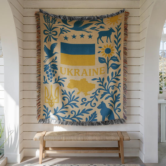 Ukraine woven blanket with flag, Tryzub, map, sunflowers, birds, and folk floral blue and yellow design