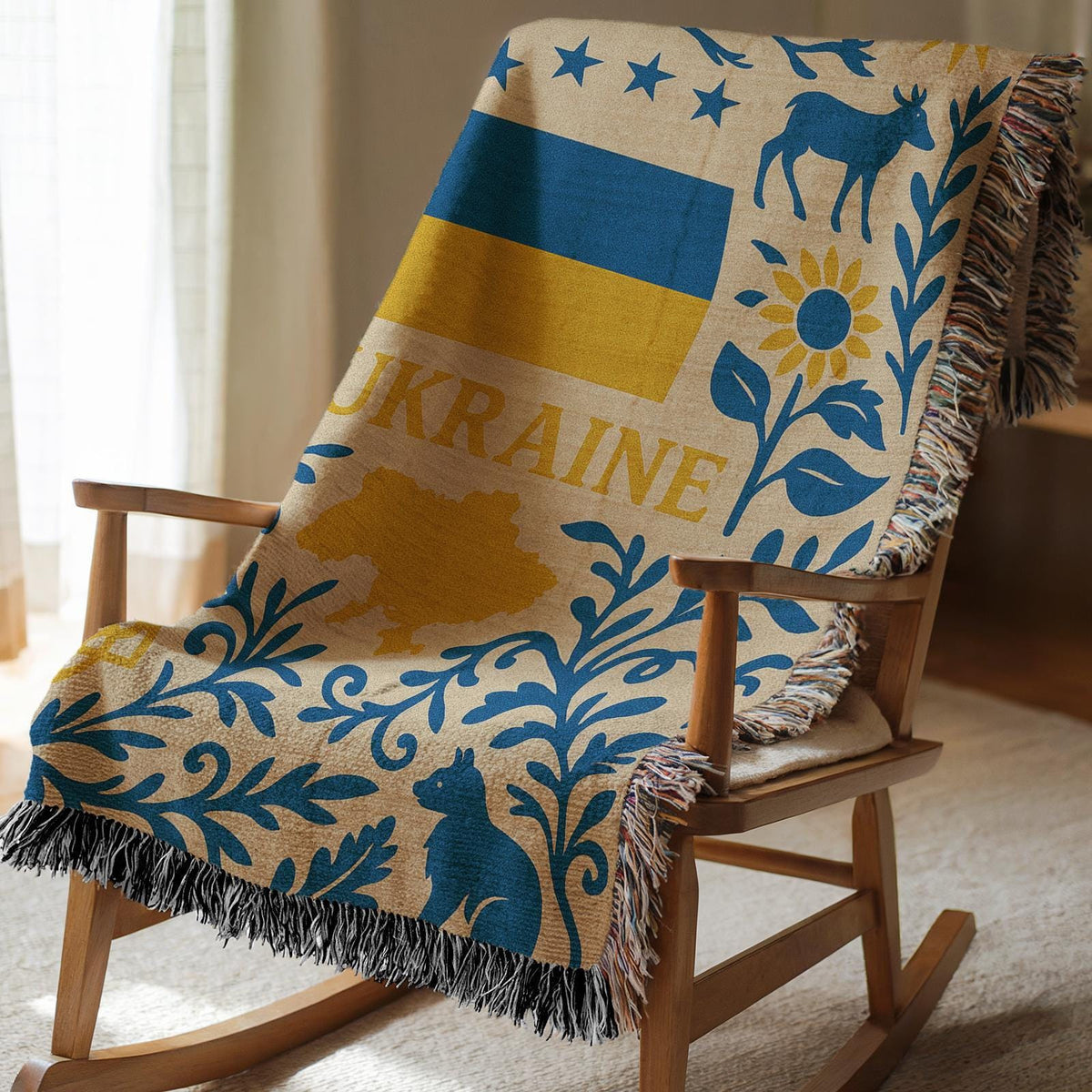 Ukraine woven blanket with flag, Tryzub, map, sunflowers, birds, and folk floral blue and yellow design