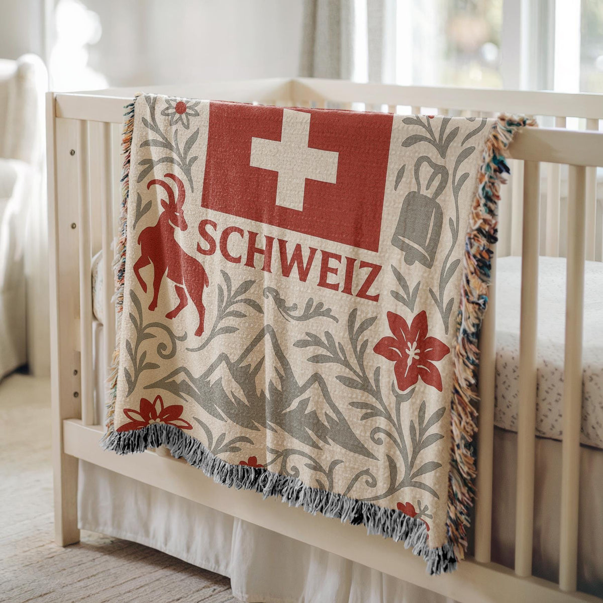 Woven blanket with Schweiz Swiss flag, alpine mountains, flowers, chalet, cowbell and ibex design