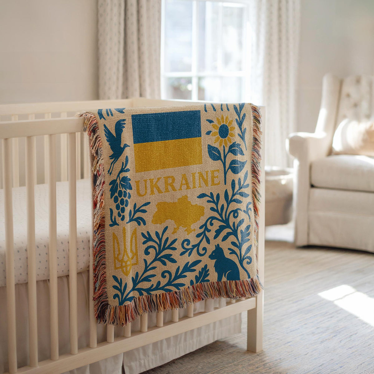 Ukraine woven blanket with flag, Tryzub, map, sunflowers, birds, and folk floral blue and yellow design