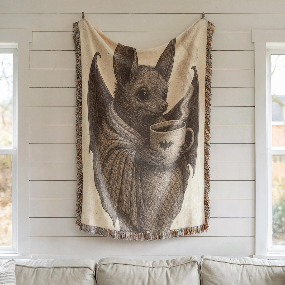 Cute Bat Drinking Coffee Blanket