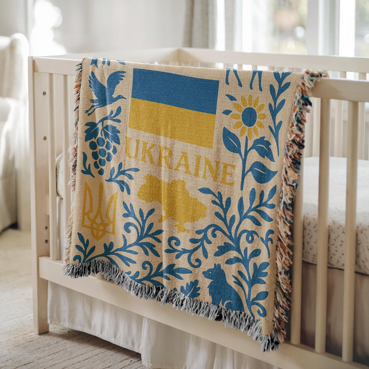 Ukraine woven blanket with flag, Tryzub, map, sunflowers, birds, and folk floral blue and yellow design