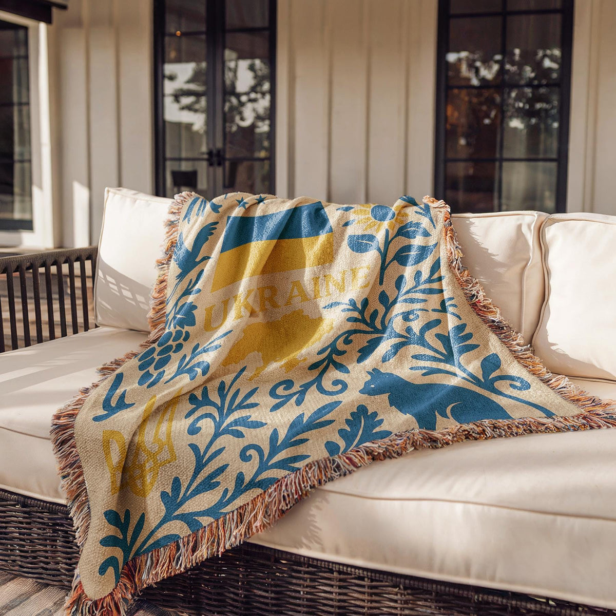 Ukraine woven blanket with flag, Tryzub, map, sunflowers, birds, and folk floral blue and yellow design